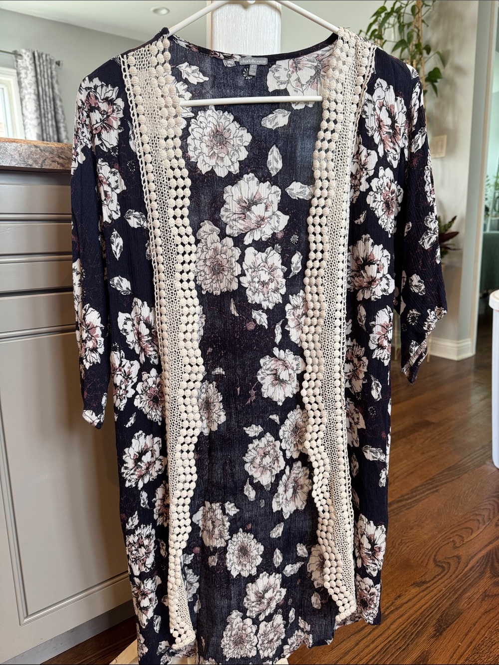Floral Navy and Cream Crochet-Trim Kimono